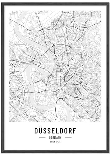 JUNOMI® Düsseldorf Poster DIN A3 mit Rahmen Schwarz, DIN A3 Wohnzimmer Deko, Modernes Wandbild, Düsseldorf Bild, Wandbild mit Rahmen, Stadtplan Poster Düsseldorf, perfekte Geschenkidee