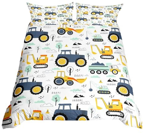 Homewish Boys King Size Duvet Cover Sets 3Pcs, Engineering Vehicle Tractor Bedding for Teenage Boy, Cartoon Truck Car Duvet Cover, Equipment Trucks Bedding Set, Construction Kids Room Decor