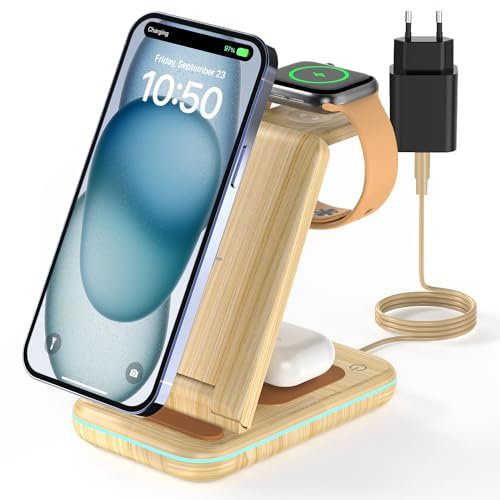 JoyGeek Caricabatterie wireless 3 in 1 pieghevole per i Phone 16/15/14/13/12/11/X, stazione di ricarica induttiva per iWatch 10/9/Ultra/SE/8/7/6/5/4, per Air Pods 4/2/3/Pro, Bamboo