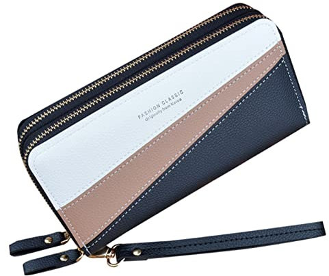 Damen-Geldbörse mit doppeltem Reißverschluss, lang, große Kapazität, Clutch, doppellagig, Spleißen, kontrastierende Farbwechsel, Handytasche, Damengeldbörsen, Leder (Schwarz, Einheitsgröße)