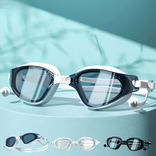 Vyloky Optische Schwimmbrille mit Sehstärke | Dioptrien: 0bis -8,0 | Anti-Fog |UV-Schutz |super Paßform | incl Nasensteg und Stabiler Box，Mit Ohrstöpseln (See blau weiß, -6 D)