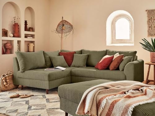 Rune – Ecksofa Links – 4-Sitzer – mit hocker – aus Cord Grün