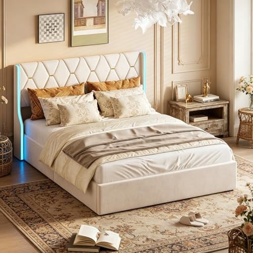 Polsterbett Doppelbett 140x200cm, Jugendbett mit LED-Beleuchtung & USB-Ladeanschlüssen, elegantem Design Stauraumbett Gepolstertes bett für Jugendzimmer und Gästezimmer, ohne Matratze (140x200cm)