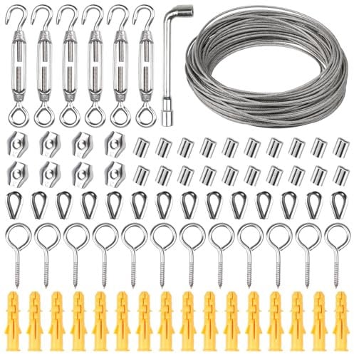 Kit per pergola da giardino da 35 m, recinzione resistente per appendere quadri, kit da 77 pezzi, kit di funi metalliche in acciaio inossidabile, morsetti per funi metalliche, manicotti, tendicavo per