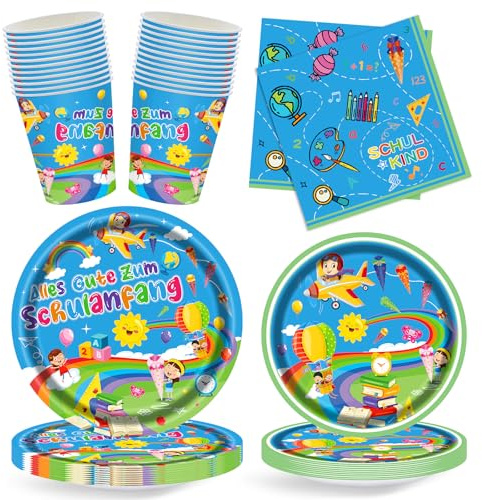 wokdsbl Set di stoviglie per feste per 24 persone, decorazione per l'inizio della scuola, con piatto di carta, bicchieri, tovaglioli per bambini e ragazze, decorazione da tavolo colorata per l'inizio