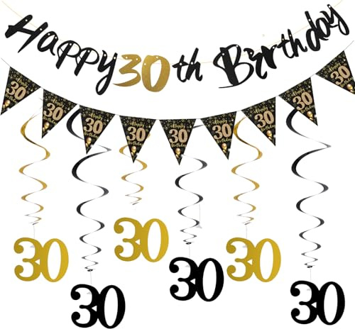 30 Geburtstag Deko Schwarz Gold Set, Geburtstagsdeko Mann Party Deko 30 Geburtstag Mann mit Happy Birthday Banner Girlande Spiralen Luftschlangen, für Frauen Männer, Partydeko zum 30 Jahre Alt