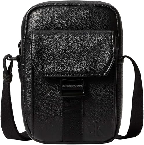 Calvin Klein Herren Crossbody Bag Tasche Webbing Strap Slim Flap mit Außentasche, Schwarz (Black/White Webbing), Einheitsgröße
