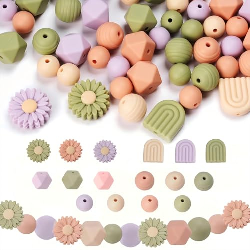 Duscdesp - Lot de 112 perles en silicone en forme de fleur, perles en caoutchouc en vrac aux couleurs de l'arc-en-ciel, perles en silicone en vrac avec corde en nylon pour DIY, création de porte-clés