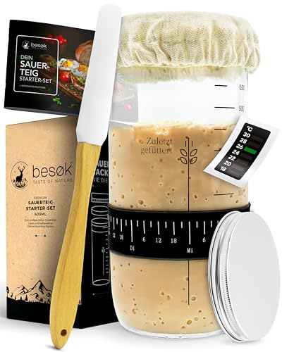 besøk Sauerteig Starter Set mit 600ml Gärglas für eigenen Sauerteig | Einfacher Sauerteig-Start mit Thermometer, Spatel & Anleitung, 600ml-Gärglas als Brot backen Zubehör für Sauerteig-Einsteiger