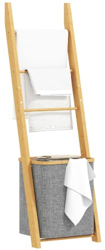 HOMCOM Estantería para Baño de Bambú 2 en 1 Toallero con 3 Barras Gris | Toallero de Pie, Cesto para Ropa Sucia Extraíble de 48 L, para Dormitorio, Lavadero