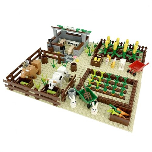 Unativer 4-in-1 Bauernhof Bausteine Bausatz, Stall, Schweinestall, Maisfeld & Karottenbeet Konstruktions Spielzeug für Kinder ab 6 Jahren, Lernspielzeug mit Tieren, Pflanzen & Zubehör