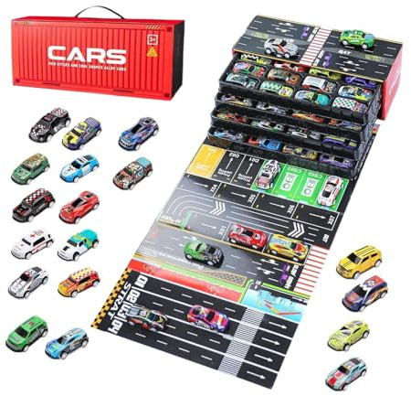 CMini Autos – Set mit 48 kleinen Fahrzeugen mit integrierter Garage, Rennwagen aus Druckguss | Geschenk für Weihnachten, Geburtstag, Reisen, Partyspiele in Klasse und A