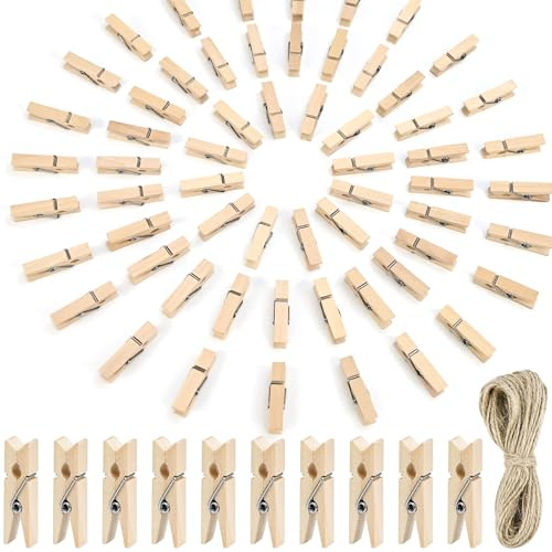 JAXICREY 100Pcs Mini Wooden Pegs for Photos, 3.5cm Small Wooden Pegs with 10m Jute Twine String, Natural Wood Mini Clothes Peg, Photo String with Clips, Craft Peg for Hanging Photos Cards DIY Arts