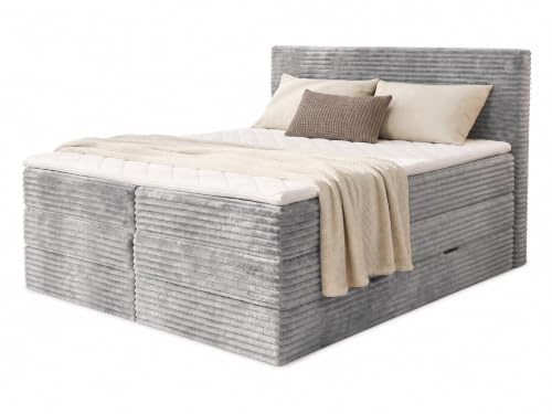 Sofnet Boxspringbett Mollo XL mit 2 Bettkästen und Topper, mit Taschenfederkern- und Bonellfederkernmatratze, Doppelbett, Polsterbett aus Cordstoff mit Stauraum (Grau (Tilia 86), 180 x 200 cm)