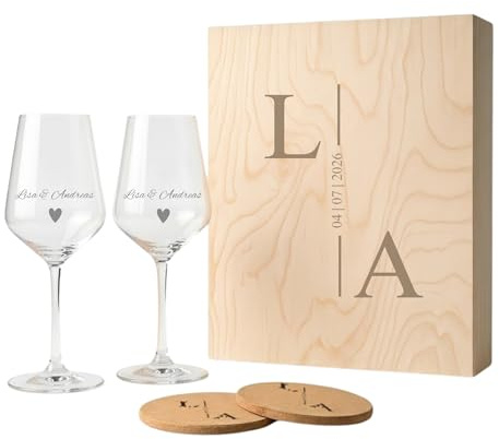 Weinglas Set Paar personalisiert mit Namen Gravur – 2 Weingläser + Holzbox + 2 Untersetzer – Hochzeitsgeschenk Jahrestag Verlobung (Weinglas Set Paar Initialen graviert)