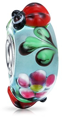 Bling Jewelry Mariquita Insecto Flor Lámpara De Trabajo De Cristal De Murano .925 Plata Esterlina Núcleo Espaciador Abalorios Encaja Europea Pulsera Con Dijes Para Mujer