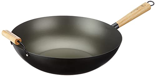 H&H Alessandro Borghese, Padella Wok Antiaderente con Manico e Presa in Legno, da 35 cm, Alluminio, Nero, 36 cm