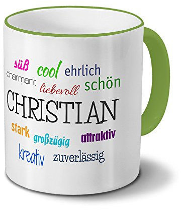printplanet Tasse mit Namen Christian - Positive Eigenschaften von Christian - Namenstasse, Kaffeebecher, Mug, Becher, Kaffeetasse - Farbe Grün