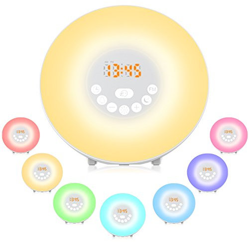 Lampe de Réveil, yoozon Radio Réveil Lumineux avec Fonction Veilleuse et Guide de Nuit, Eveil Lumière Avec 7 Couleurs de Lumière LED, 6 Sons d’Alarme Naturels et 10 Niveaux Luminosité, Radio FM