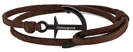 classygood. Anker Armband Classy Bracelet Edelstahl silber, roségold, schwarz, Alcantara-Leder Band braun für Damen/Herren (schwarz)