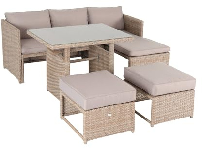 Alice's Garden - Gartenmöbel-Set für 6 Personen - Natur, beige Kissen, Gartentisch mit Sofa, Chaiselongue und 2 verstaubaren Hockern - Reggiano