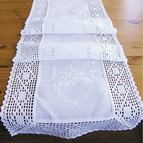 matches21 Tischläufer Mitteldecke Tischwäsche weiß mit edler Stickerei & Häkelspitze Landhausstil 40x140 cm Polyester