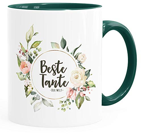 Moonworks® Kaffee-Tasse Beste Tante der Welt Geschenk Familie Blumen Kaffeetasse Teetasse Keramiktasse inner-grün Keramik-Tasse