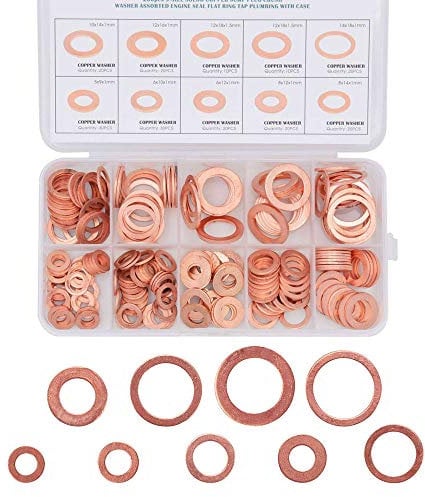 Saipor 200 Pcs Copper Washers Assortment Set 9 Sizes Metric Sealing Washers Flat Ring Gasket Flat Washers Assortment Kit with Box (M5 M6 M8 M10 M12 M14)