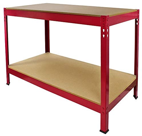 Mesa Trabajo Metálica Q-Rax Sin Tornillos Roja 90x100x60cm Banco Trabajo Taller Garaje Bricolaje Red Metal Workbench Estante Ajustable Altura con Capacidad 200kg + Pies de Goma Protectores GRATIS