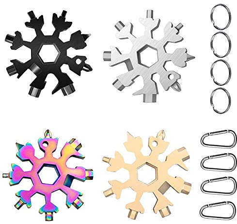 4 Stücke Edelstahl Schneeflocken Multifunktionswerkzeug,18 in 1 Schneeflocken Multitool, Leichtgewicht Schneeflocke Multi Tool, Geburtstagsgeschenk für Männer, Adventskalender Füllung