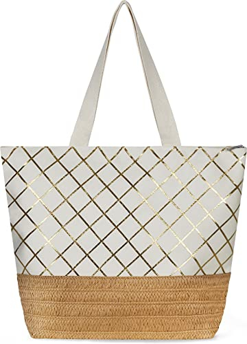 normani Große Schultertasche - Strandtasche - Shopper mit Reißverschluss und Innentasche - XL Damen Tasche 20 Liter Farbe Weiß