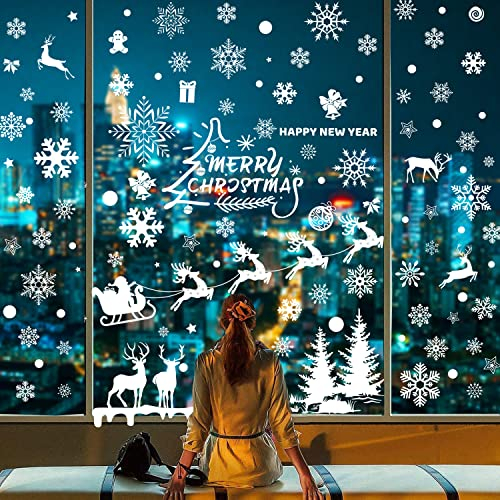 9 Feuilles Décoration Noël Sticker Fenetre Blanc Sapin Renne PVC Flocon de Neige Autocollants pour Porte Vitrine Verre