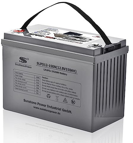 Sunstone 12V 150AH LiFePO4 Batteriespeicher mit Bluetooth, max. 150A Entladestrom (High-Rate-Discharge) für Solaranlagen im Haus Wohnmobil Caravan Boot