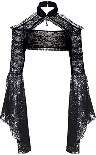 keland Gothic Spitze Shrug Strickjacke Cover up Y2K Lange Ärmel Bolero Häkel Top für Frauen Hexe Cosplay (Schwarz-2, Medium)