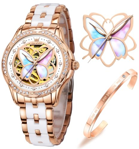 OLEVS Damenuhren Automatikuhren Rose Gold Mechanisch Armbanduhren Selbstaufziehend Luxus Keramikband Wasserdicht Diamantarmband Uhren Sets Geschenke