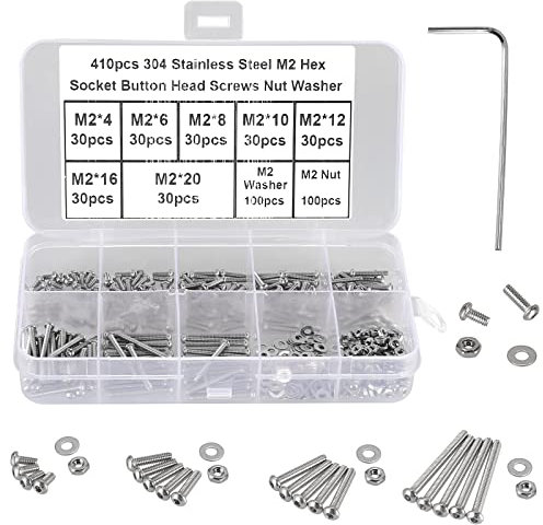 FandWay 410 Piezas Tornillos Cabeza de Redonda con Hexagonal Tornillos de Cabeza Allen en Alomada,M2x4~20mm Tornillos de Máquina Rosca Completa Acero inox. 304 con Tuercas Arandelas 1 llave.