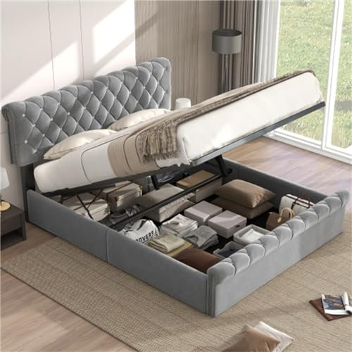 Polsterbett, Doppelbett Mit Hydraulischem Stauraum, Mit Kopfteil Und Kristallknöpfen, Grau, Mit Lattenrosten Aus Massivholz, Für Schlafzimmer Und Gästezimmer(Size:140x200cm)