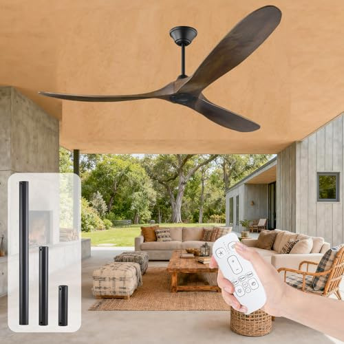 MSHENUED 178 cm großer Deckenventilator für den Außenbereich, rustikaler 3-Blatt-Holzstil mit 6-Gang-Fernbedienung, rustikaler Deckenventilator mit hohem CFM für Terrassen, Pavillons, Garagen