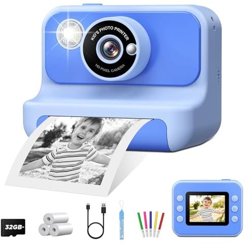 Cámara Instantánea para Niños,LETSHAHA 1080P 20MP 10X Cámara Fotos Instantánea Niños de Papel de Impresión 3D Negro y una Tarjeta de 32 GB,Cámara Infantil Instantánea,Regalo para Niños de 3 a 12 Años