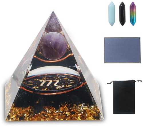 LANZLC Orgonit Pyramide, Reiki Kristall Pyramide mit kristalle, 12 Constellation Edelsteine, Esoterik Sternzeichen Geschenke mit schwarzem Samtbeutel für Chakra-Heilung,Meditation, Yoga (Skorpion)