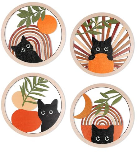 DETENE 4 Stück Holz Boho Wand Deko Wanddeko Holz Vintage Deko Katze Wanddeko Minimalistische Wandkunst für Kunst Wohnzimmer Bauernhaus (Braune Katze)