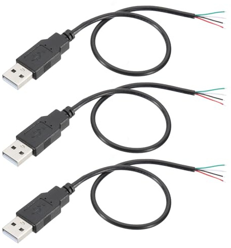 PATIKIL 1Ft USB 2.0 Male to 4 Pin Bare Wire Pigtail Cable, 3pcs 28AWG Data Power Cords Extension Adapter for Charging Equipment DIY Repair Replace, Black