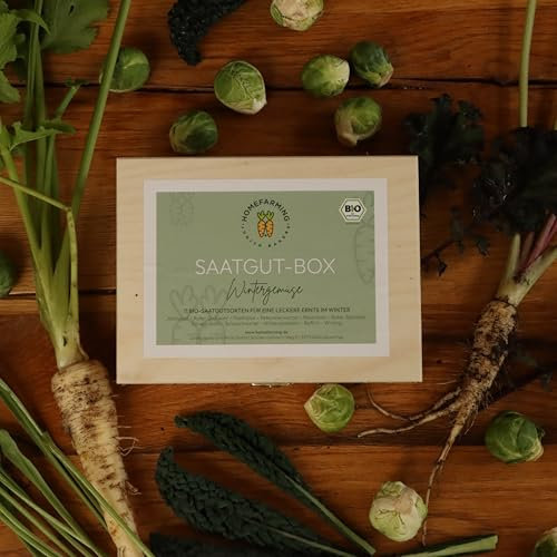 Bio-Saatgutbox Wintergemüse HOMEFARMING JUDITH RAKERS, samenfestes, zertifiziertes Bio-Saatgut aus Deutschland und Europa, in Holzbox