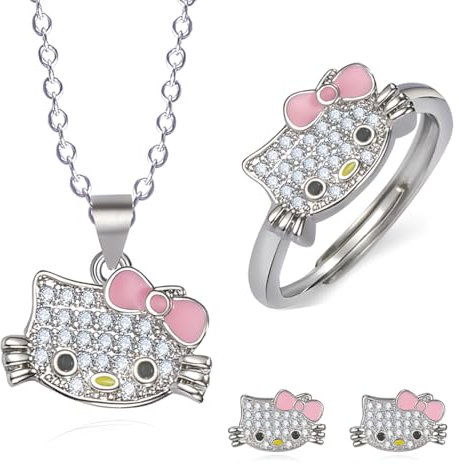 JAWUZ 3 Stück Hello Kitty Kette, Schmuck Set, Set Ring Und Kette Ohrringe Für Hallo Kitty,Kawaii Diamant Katze Halskette,Jewelry, Geschenke Für Mädchen(A)