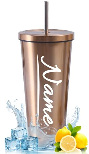 Thermobecher Personalisiert mit Namen Edelstahl Trinkbecher mit Deckel und Strohhalm Kaffeebecher to Go Thermobecher Spülmaschinenfest Autobecher Tumbler für Kalte Heiße Getränke (Gold, 500ml)