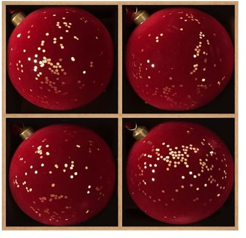 DN DECONATION 4 Weihnachtskugeln 10cm, Rote Flockung Christbaumkugeln mit Gold Glitzer, Shatterproof Weihnachtsbaumschmuck für Weihnachtsbaum Deko, Fenster, Wohnzimmer, Festtagstisch