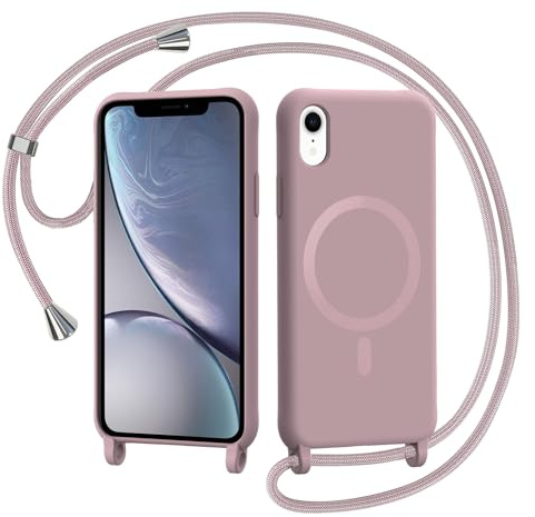 AOMYKE Handyband für iPhone XR Hülle mit Band, Magnetisch Handyhülle kompatibel mit Magsafe zum Umhängen Schutzhülle mit Kette Kordel Weich TPU Liquid Silikon Case，Pink