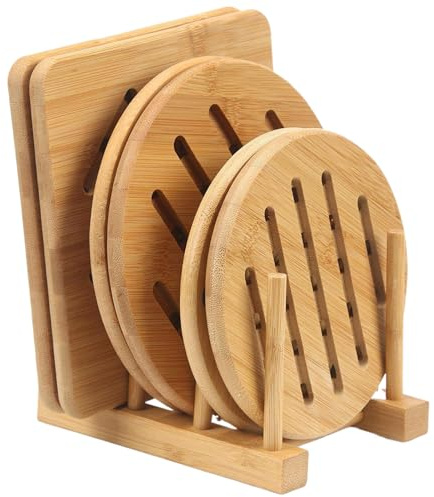 6Pcs Bamboo Trivet with Dish Rack, Heat Resistant Non-Slip Wooden Trivets, Square and Round Pads Kitchen Organizer for Hot Dishes/Pot/Bowl/Teapot/PansBamboo Trivet