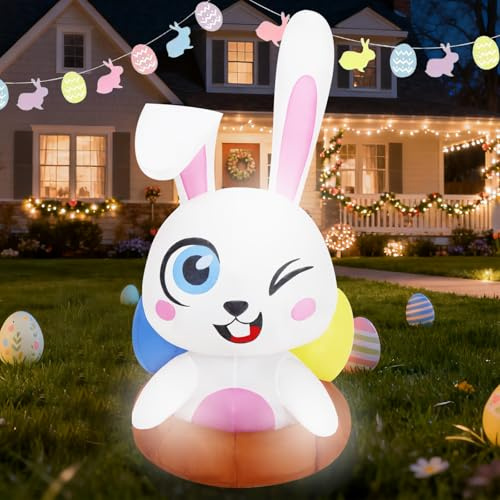 Aufblasbarer Osterhase mit Eiern, 122 cm, niedliches Osterhase mit LED-Licht für Zuhause, Innen- und Außenbereich, Garten, Hof, Urlaub, Party-Dekoration
