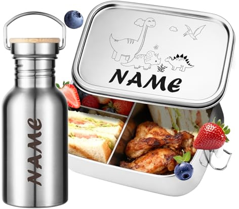 OXYEFEI Personalisierte Brotdose und Trinkflasche set mit Namen und Motiven | Edelstahl-Brotdosen und Wasserflaschen Set Geschenke für die Einschulung Mädchen und Junge (500 ml Wasserflasche)